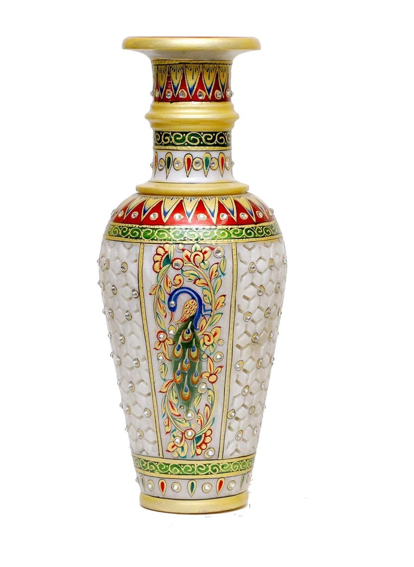 Anjali Arts Designer Decorative Marble Flower Vase Round Shape Peacock with Feathers Showpiece Vases for Home Decoration Multicolor 125x125x30 cm 12 Inch