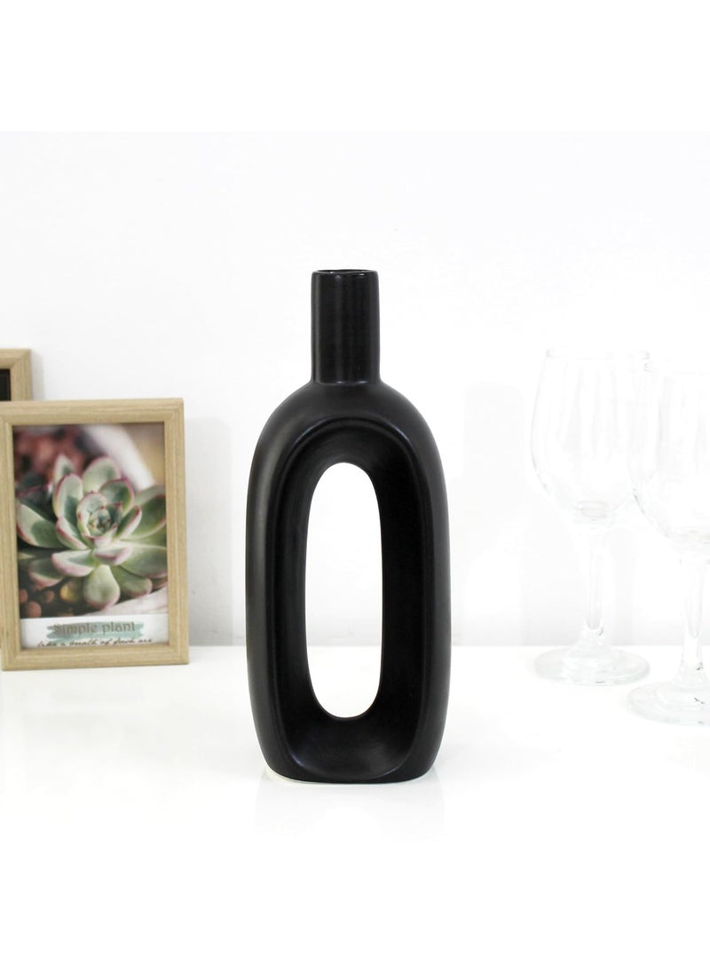 KBOE Porcel Oval Hole Ceramic Vase for Minimalist Contemporary Home Decor Centerpiece Showpiece Flower Vase Vase for Pampas Grass Large Black