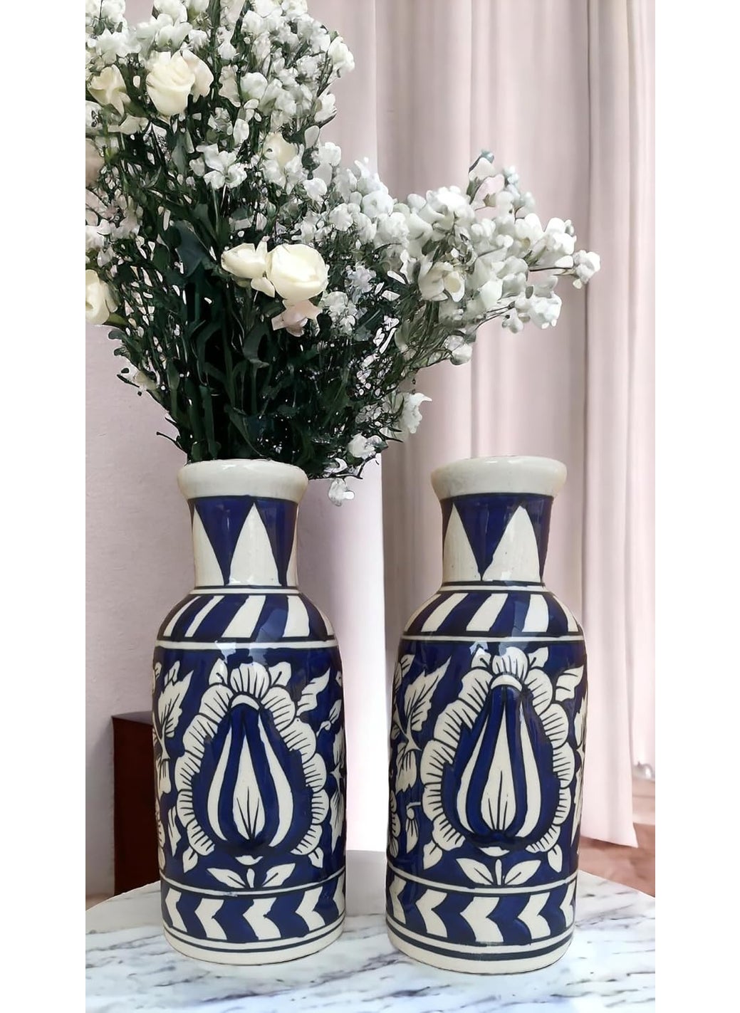 MADARKS Mughal Design Vases Stoneware Easy to Clean Made for Dry and Natural Flower Both Pack of 2 Ceramic Blue Vase