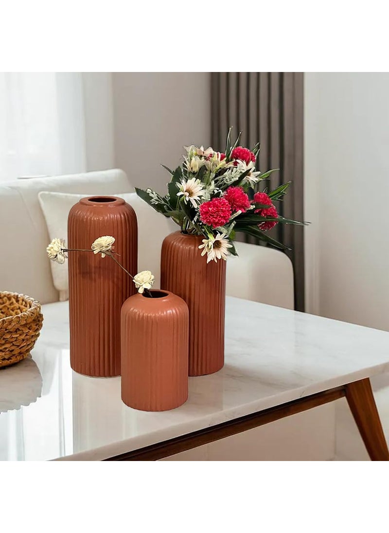 Praahi Lifestyle Premium Ceramic Fluted Vases SET OF 3 Flower Vase for Living Room Big Size Pots for Home Decor Office Table Pot for Corner 105 85 65 Teracotta Matte Best for gift