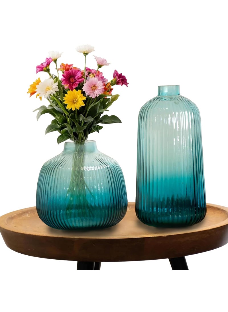 Praahi Lifestyle Decorative Ribbed Glass Vases for Flower Plants Blue Color Modern Home DecorOffice and Living Room Centerpieces Table Top Flower Pot Wedding Gifts Decorations Items