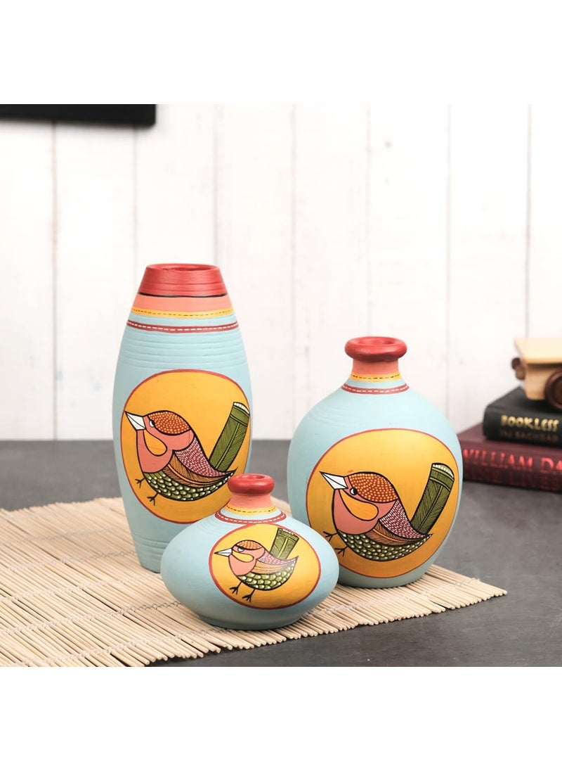 VarEesha Chiraiya Pastel Blue Terracotta Vases Set of 3 Terracotta Flower Vases for Home Decoration Vases for Home Office Earthen Flower Pots Terracotta Pots for Pampass Grass Vase