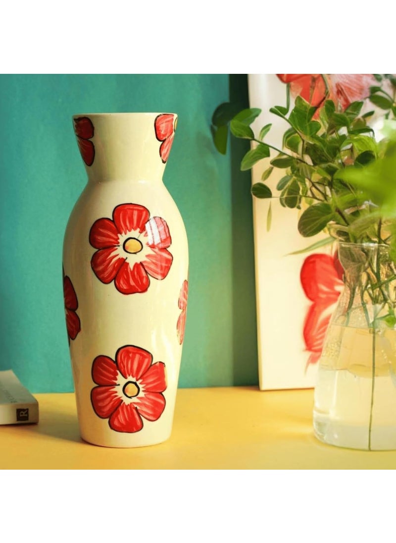 Kawai Homes Bottle Vase Handpainted Flower Design Handmade Ceramic Tall Terracota Flower Vase Indoor Modern Aesthetic Centerpieces for Living Room and Home Decoration Handpainted Red Flowers