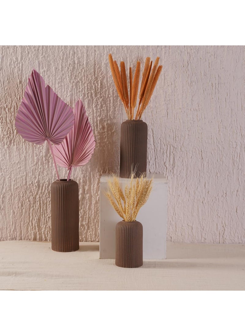 ﻿PUREZENTO Brown Ribbed Texture Ceramic Vase Set of 3 Vases for Home Decor Centerpiece or Showpiece for Living Room Bedroom Shelf Decorative Vase for Pampas Grass Artificial Flowers