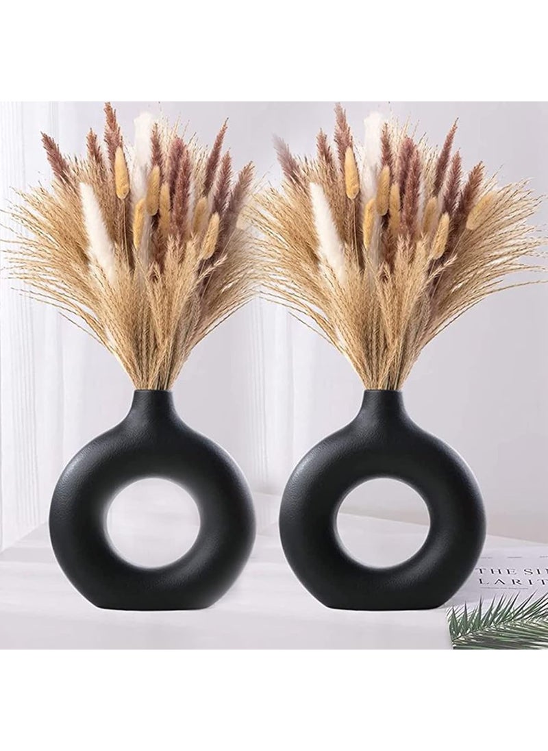Praahi Lifestyle Ceramic Handmade Black Donut Vases for homeofficeliving room decor Pampas Grass Vase Round Shaped Vase Decor Showpiece 9 Inches Set of 2