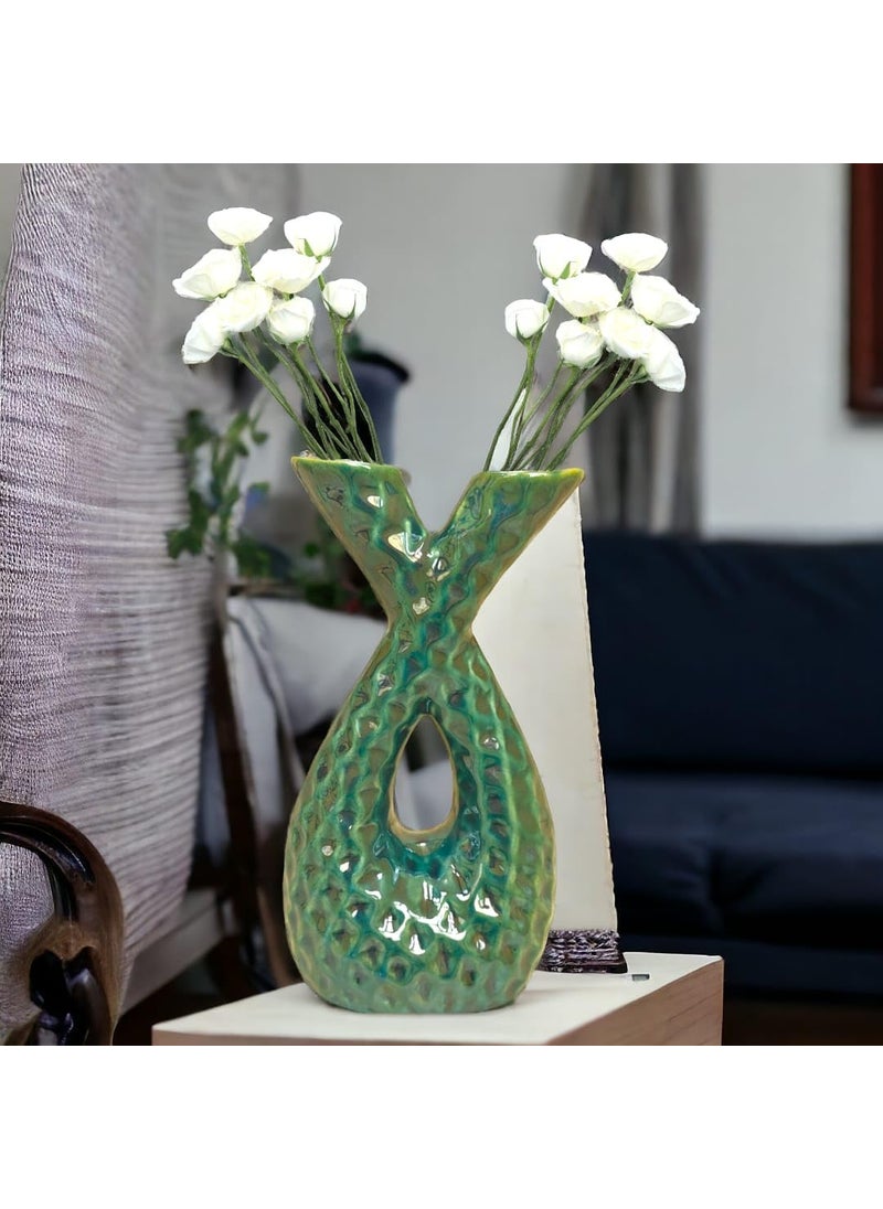 HOMCOR Ceramic Handmade Flower Pot and vase Cross Shaped Ceramic Two SidesMouth Home Decor vase Dark Green Set of 1