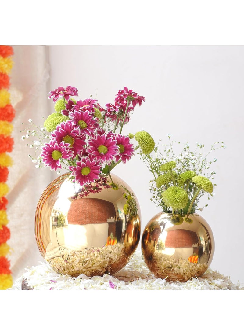BEHOMA Metal Ball Round Flower Vase for Home DecorTable Decorative Item for Bedroom Living Room Office Wedding Best Gift for Birthday Anniversary Festival Valentines Day Gold Small