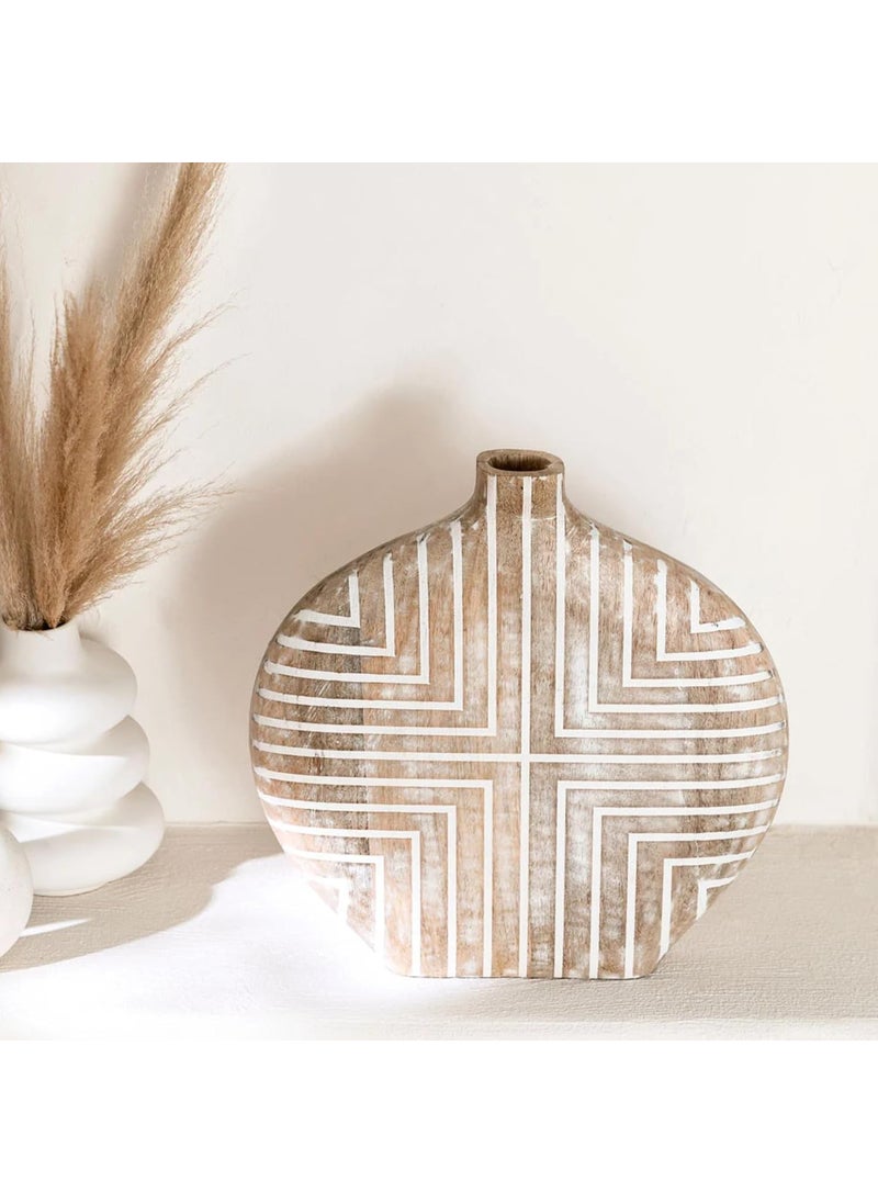 Duadecor Wooden Flower Vase for Home Decor Wood Big Size Decorative Flowers Pot for Table Decor Centrepiece Artistic Boho Handmade Flower Holder for Living Room Corner White Wash 36 x 36 cm