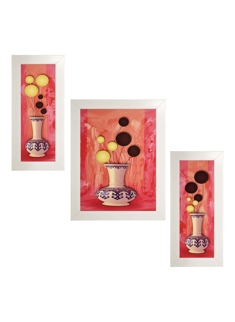Indianara Set of 3 Blue White Ceramic Vases in White Frames Paintings 2110 Without Glass 6 X 13 102 X 13 6 X 13 INCH