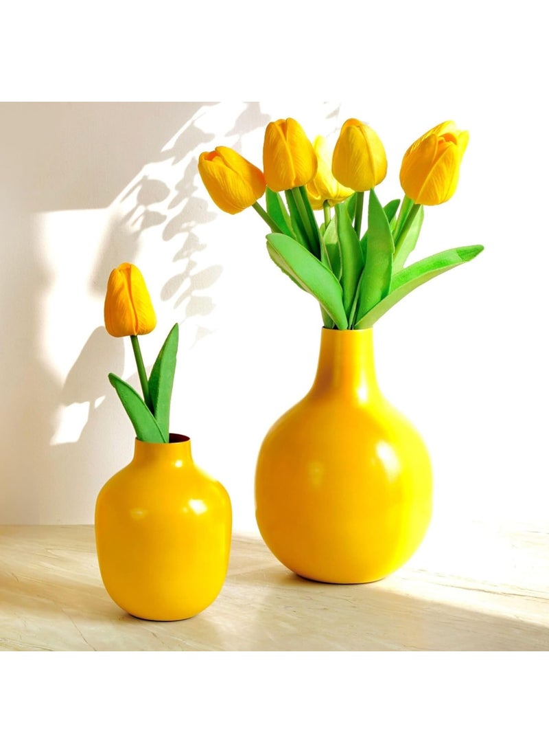 BEHOMA Yellow Metal Flower Vase for Modern Shape Home Decor Yellow Flower Pot for Living Room Office Table Decorative Flower Pot for Gifting Pack of 2 Yellow Flower Not Included