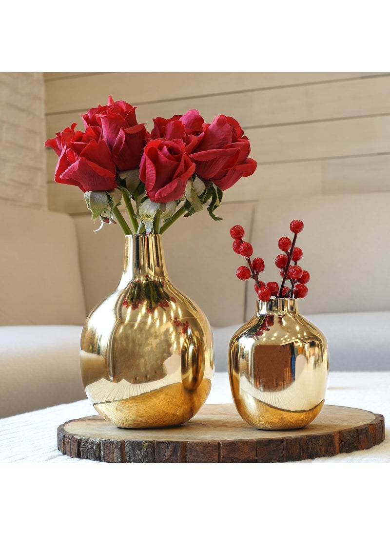 Behoma Glossy Golden Metal Flower Vase for Home Decor Decoration Item for Living Room Office Table Decorative Flower Pot for Gifting Pack of 2 Gold Flowers not Included
