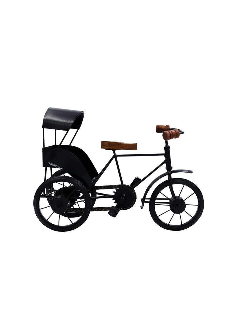 NATRIEL Handicrafts Antique Wood and Wrought Vintage Iron Mini Cycle Rickshaw Toy Black Brown Small showpiecePack of 1 Vintage Cycle Rickshaw 30x12x21 cm