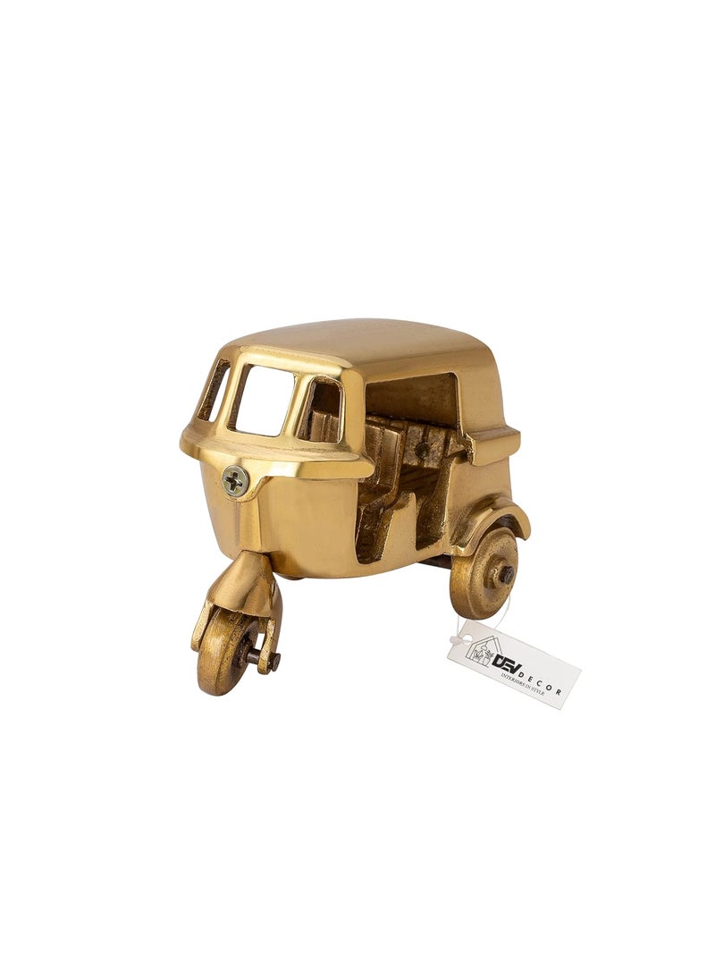 DEVDECOR Brass Auto Rickshaw Showpiece Vintage Handcrafted TukTuk Model for Home Office Decor Solid Brass Miniature Collectible Unique Indian Souvenir Gift Golden Small Size
