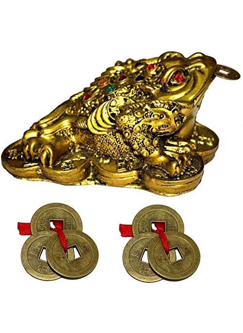 GJ Polyresin Feng Shui Frog Showpiece Brass Colour