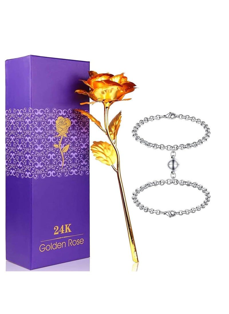 Bigwheels KX00029801 Combo of Mutual Attraction Relationship Forever Matching Round Ball Shape Bracelets with Yellow Rose Flower with Golden Leaf with Gift Box Pack of 2