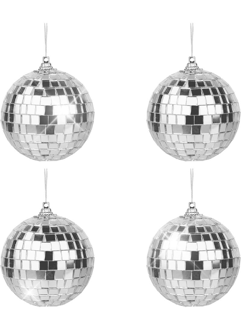 The Decor Affair Large 4Inch Disco Ball Ornaments Set of 4 Sparkling Silver Spheres for a Retro 70s Vibe at Parties Weddings and Music Festivals