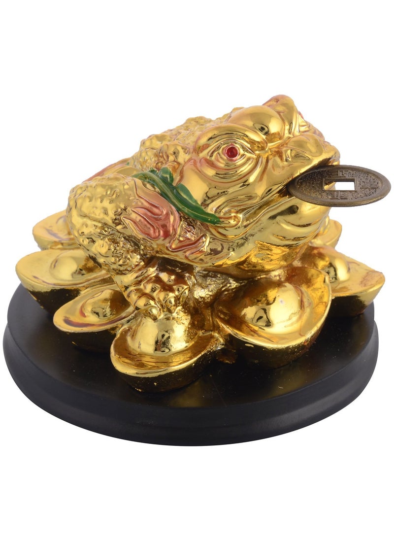 RIPE INDIA Feng Shui Money Frog Legged Toad Hold Two Ignots On A Pile of Money for Wealth Luck Legged Money Frog On Bed of Ingots Showpiece Color Golden