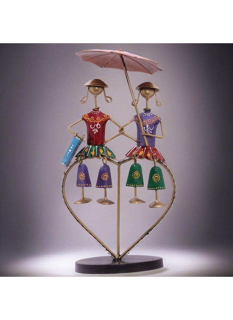 KRAFTSKALA Valentine Couple Love Dolls Showpiece Vibrant Colourful Iron Metal Two Doll with Umbrella on a Heart Stand Tabletop Home Decor Gift Set