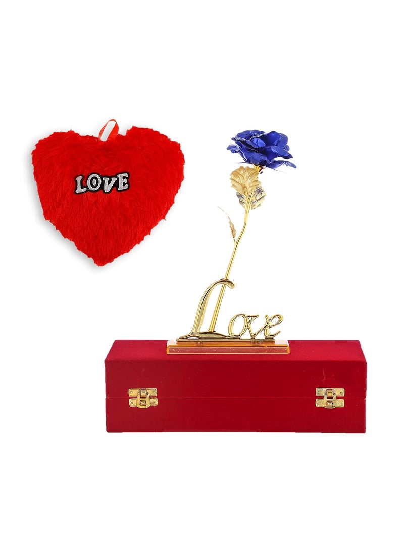 INTERNATIONAL GIFT Blue Rose and Love Stand with Red Velvet Box and Heart Shape Red PillowCushions 25 cm