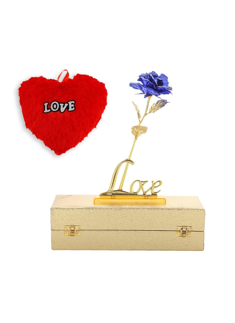 INTERNATIONAL GIFT Blue Rose and Love Stand with Golden Velvet Box and Free Heart Shape Red PillowCushions 25 cm