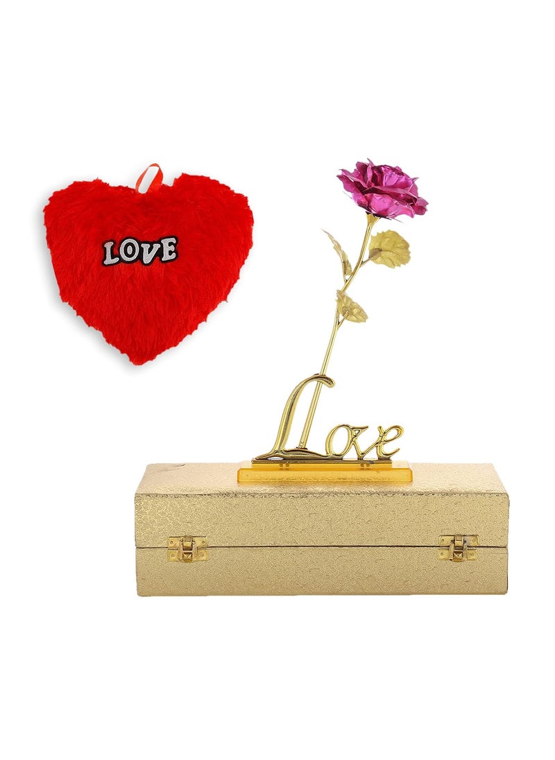 INTERNATIONAL GIFT Pink Rose and Love Stand with Golden Velvet Box and Heart Shape Red PillowCushions 25 cm