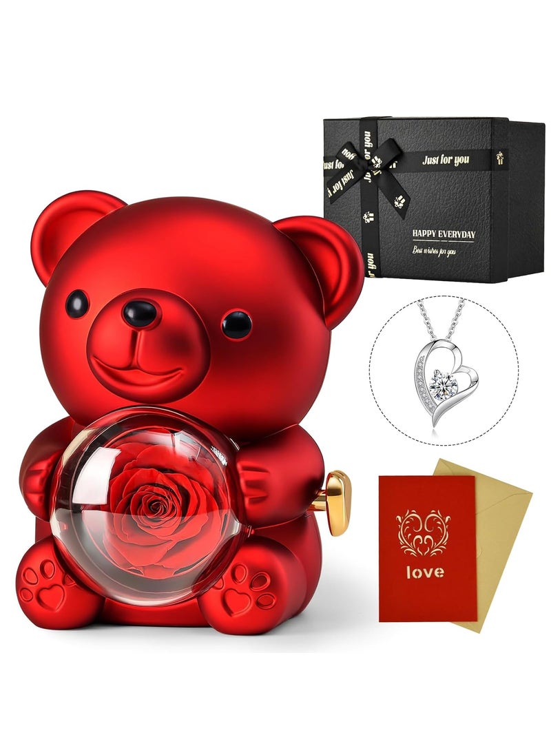 Jibeufi Teddy Bear with Preserved Rose Flower Forever in Bear with Necklace and Elegant Gift Box for Women Romantic Bear Roses Gifts for Valentines Mothers Day Anniversary Day Birthday Red