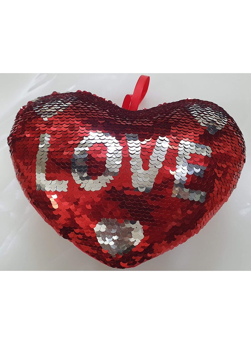 Prisma Collection Smizzy Latest Heart Shaped Valentines Day Special PillowSofa Cushion with Decorative Color Changing Magic Glitter Sparkle Reversible Sequins with Love Marked Red and Silver