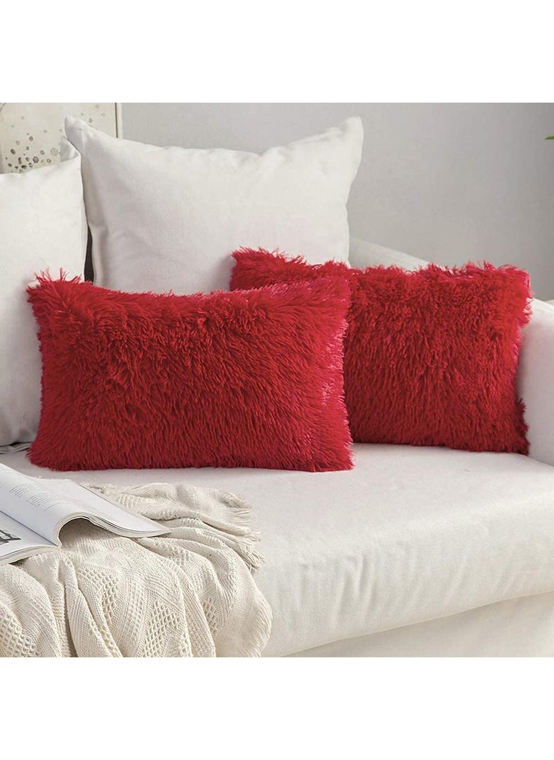 ToyHub Fur Pillow Cushion Cover Rectangle Pillowcase Soft Furry Pillow Cover with Filler Size 16x24 Pack of 2 Red