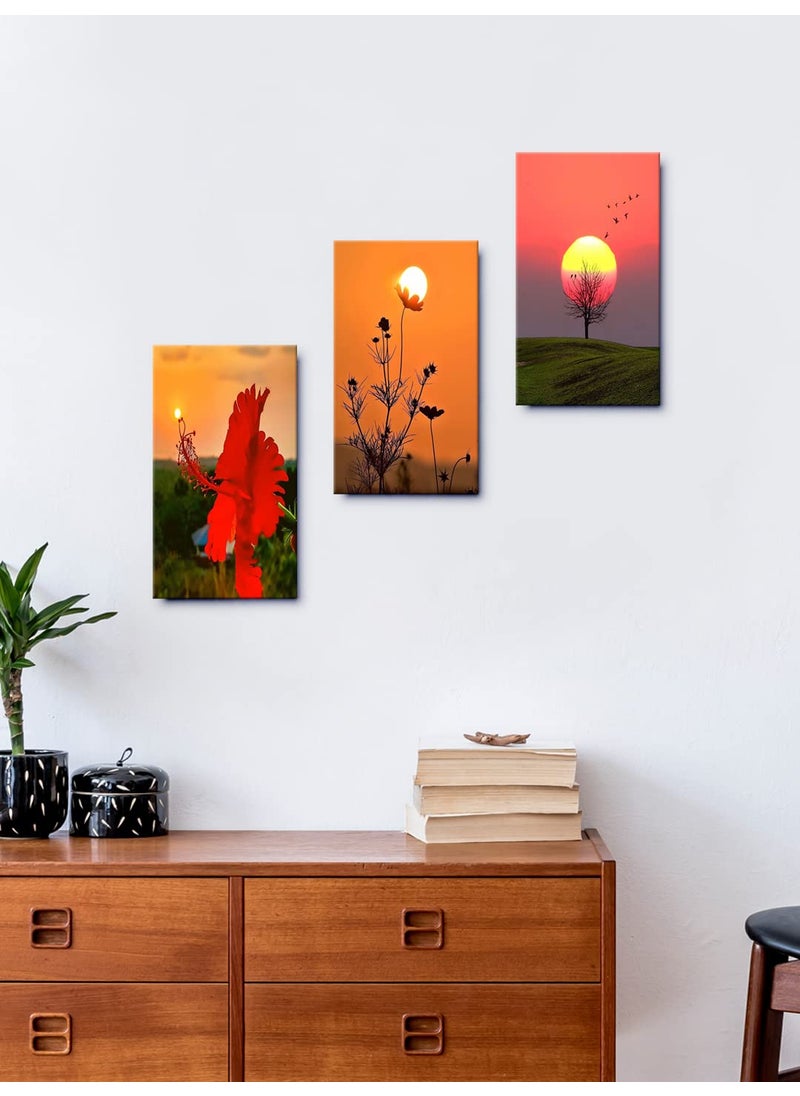 999STORE Rising Sun Sky Over Beautiful Flower home room dcor framed stylish modern wall frames art for living Set of 3 Panels Paper Print 24X15 Inches MDF3Frames006