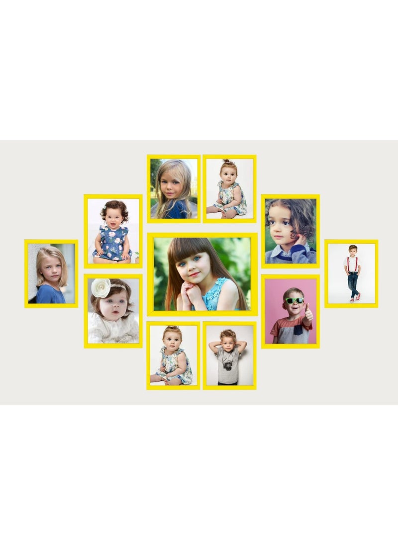 KDM HOME DECOR collage Photo Frame Set of 11 Yellow Color Clear Fiber Sheets Synthetic Wood Modern Collage Photo Frames for Wall Hanging 6 pcs 4x6 4 Pcs 5x7 1 pcs 8x10 Inch