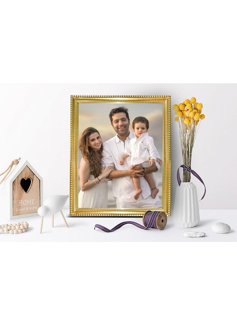 KDM HOME DECOR Photo frame 8x12 Inch set of 1 Golden color Square box Flexible Glass Synthetic Wood HangingTable Top