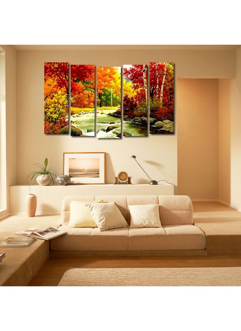 999STORE Multiple Frames Wall Art Panels Wooden Frame Printed Forest River Like Modern tree of life wall painting 5 Frames 148 X 76 Cms