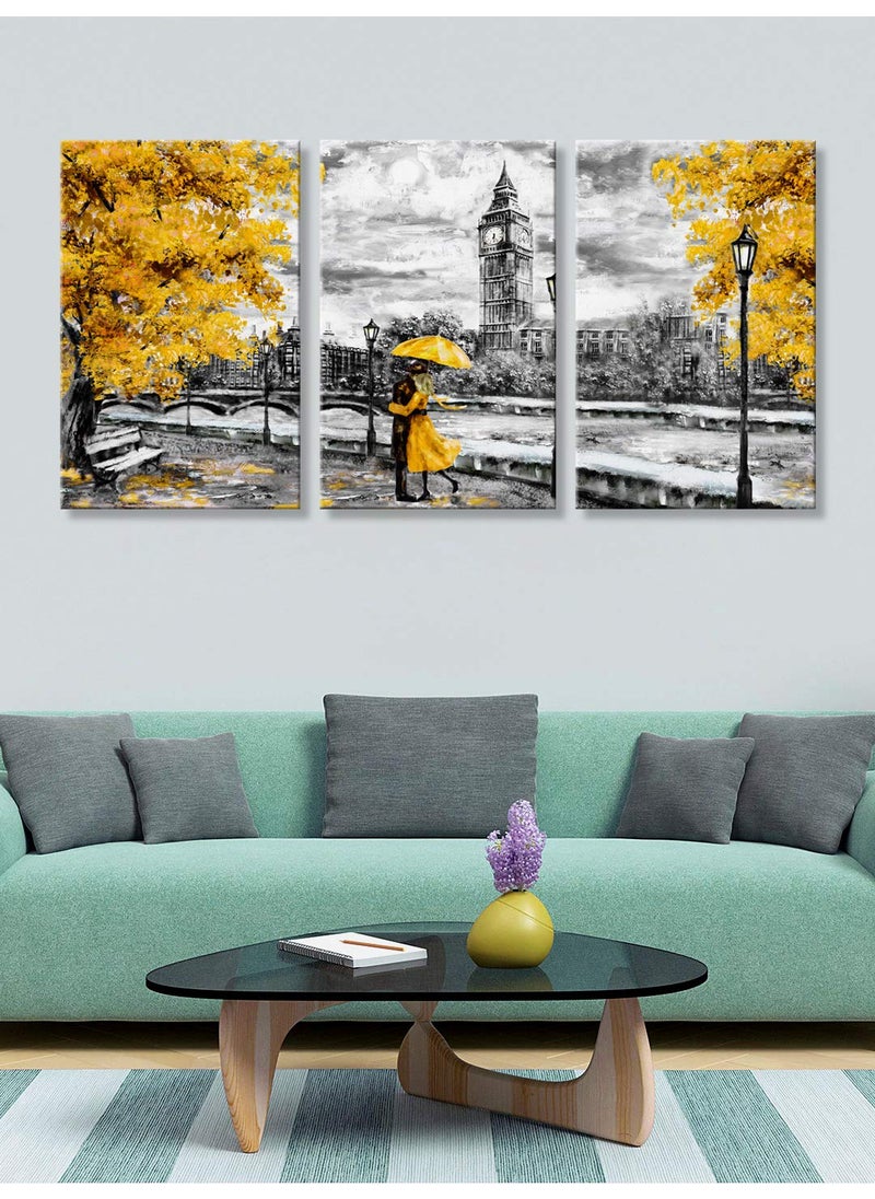 999STORE wooden stretched scenery frames Beautiful Couple in Paris View big Wall Hanging Canvas Painting wall frames for living room Set of 3 Canvas Multicolour 54X30 Inches 3FCanvas269
