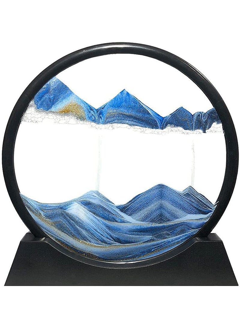 ANH MART Moving Sand Art Picture Round Glass Frame Sandscapes 3D Display in Motion Dynamic Flowing Grit Photo Hourglass Desktop Art Home Office Decoration Party Gift 7 Inch Black Blue