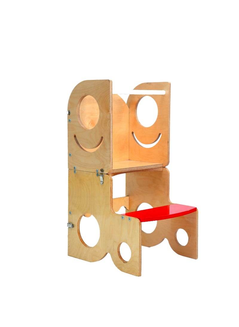 Kiddery Learning Tower Montessori Inspired Kitchen Tower Convertible into Table Chair Set for Kids Made of Birchwood Child Safe Non Toxic Polish Natural