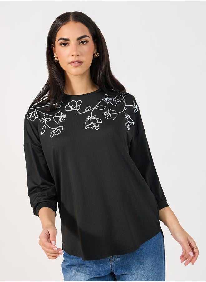 Floral Print High-Low Hem Regular Fit Top