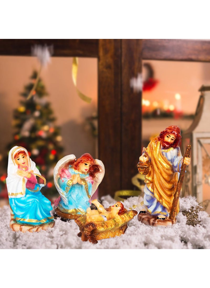 Gleevers Resin Christmas Crib Set Statues 5 inch Pack of 4 Christmas Nativity Set for Christmas Decorations Crib Set for Christmas Christmas Decor Nativity Set Christmas