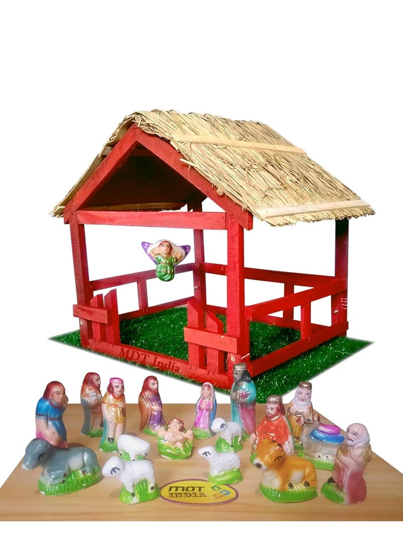 MDT India Holy Christmas Crib Decoration Combo Foldable Wooden Crib House Nativity Set 18 Piece 3 Inch Without Green Mat