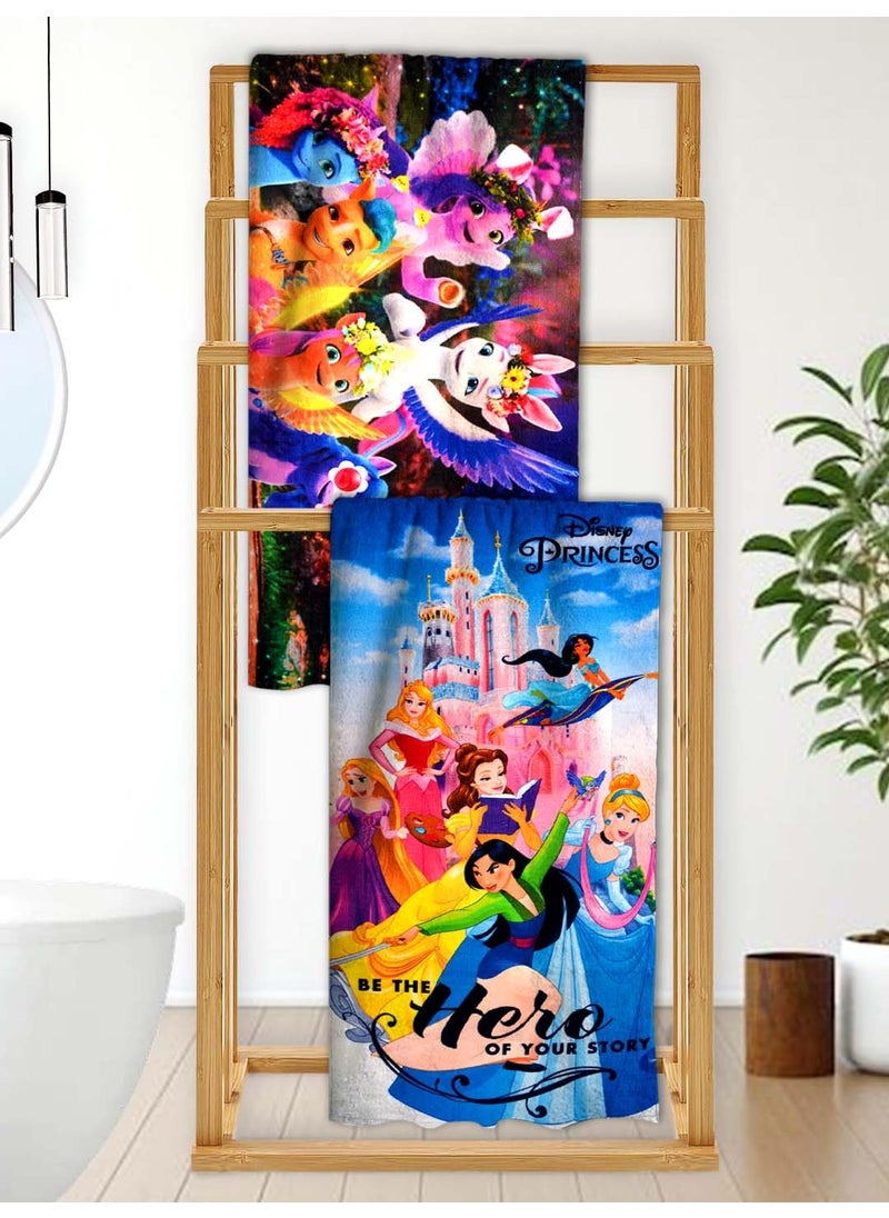 Athom Living My Little Pony with Disney Princess Designed Kids Bath Towel 60x120cm 350 GSM Soft Absorbent Multicolor Perfect for Boys and Girls Fun Vibrant Design Pack of 2