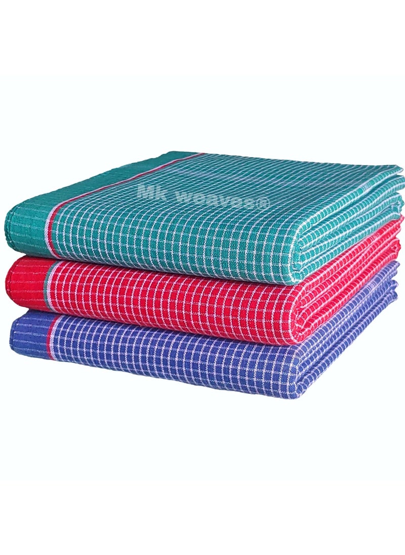 Mk weaves 100 Cotton Gamcha Bath Towel Pack of 3 RedBlueGreen 33 x 70 Inch Full Size for Men Women Skin Friendly Shrink Proof