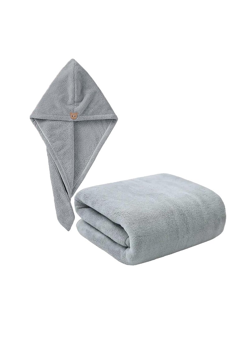 MAXOSHINE Microfiber Bath TowelHair Wrap ComboSoft Super Absorbent Towels for Bath with HookQuick Dry Towel for Women and Men 1 Bath Towel 1 Hair Wrap ComboGrey