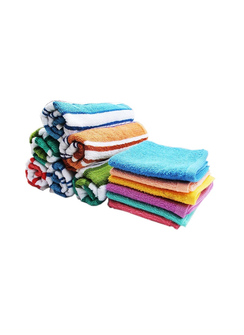 Space Fly Striped High Absrobent 6 Hand Towels 12X18 Inch 6 Very Soft Face Towels10 X 10 Inch Combo for Regular Use