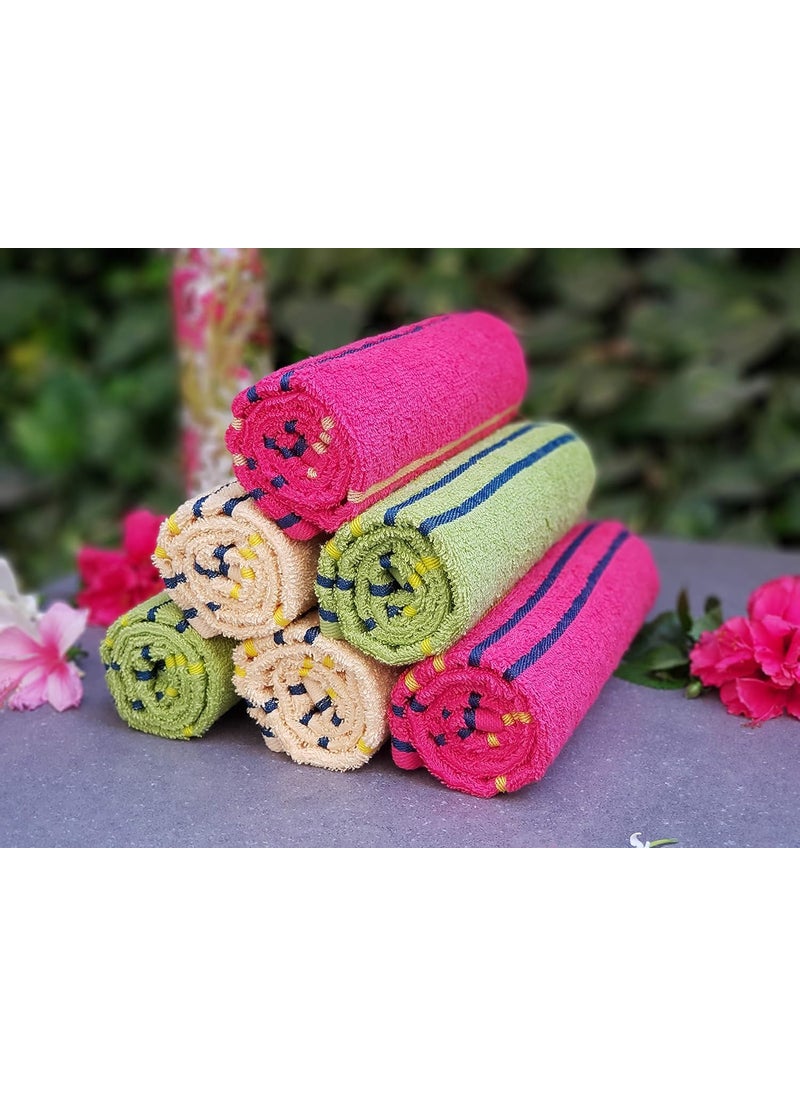 KSC Shop Premium Multicolor Cotton Hand Towels Set of 6 Stripe Design Bathroom Towel Bathroom Napkins Green Yellow and Royal Pink