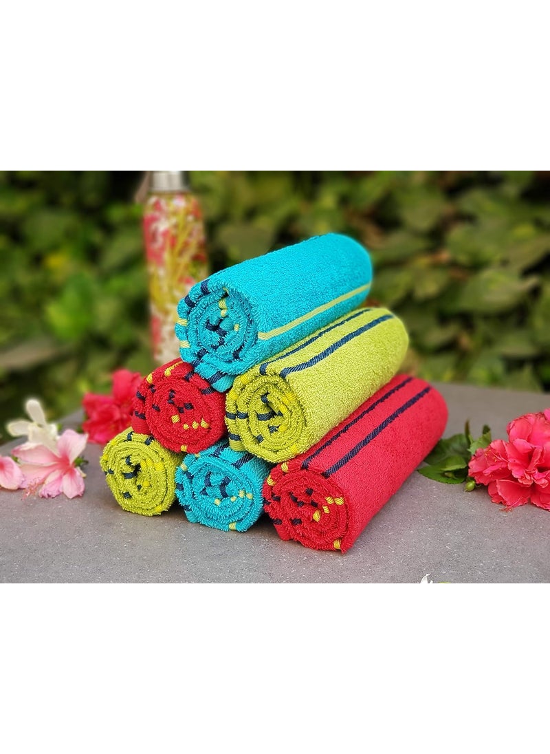 KSC Shop Premium Multicolor Cotton Hand Towels Set of 6 Stripe Design Bathroom Towel Bathroom Napkins Green Red and Sky Blue