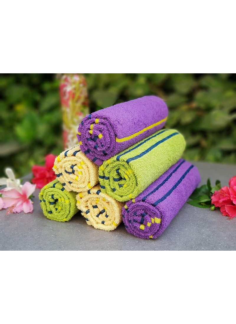 KSC Shop Premium Multicolor Cotton Hand Towels Set of 6 Stripe Design Bathroom Towel Bathroom Napkins Green Yellow and Purple