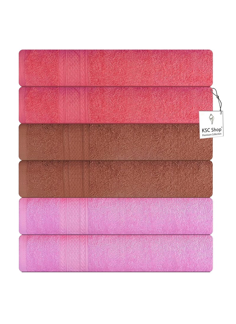 KSC Shop Royal Multicolor Cotton Hand Towels Set of 6 Hand Towels Bathroom Towel Bathroom Napkin 60 cm x 40 cm 2 Brown and 2 Peach and 2 Baby Pink