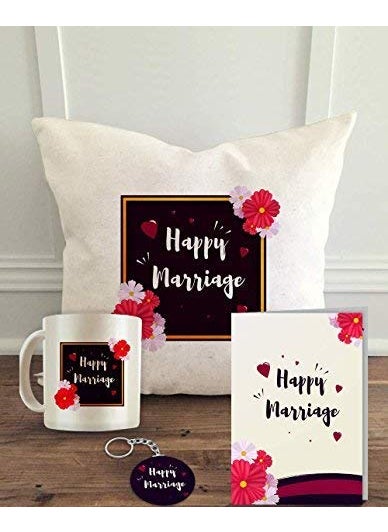 ALDIVO 12 x 12 Soft MicroSatin Marriage Printed Cushion Cover with Filler and Marriage Printed Coffee Mug with Marriage Greeting Card and Printed Key Ring Combo Pack
