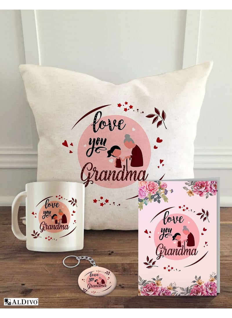 ALDIVO Satin Love You Grandma Cushion Cover with Filler 12 x 12 Printed Mug Greeting Card Printed Key Ring Combo Pack Pink