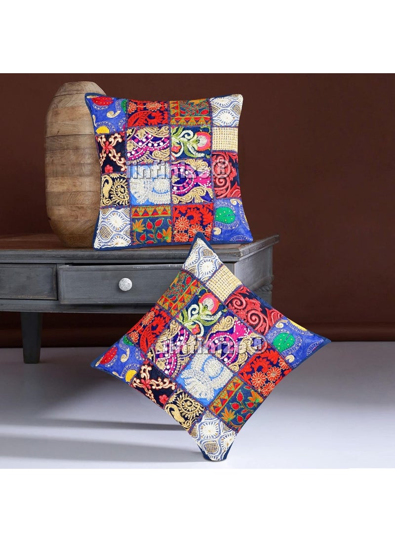 iinfinize 2 Pcs Bohemian Patchwork Pillow Cover Handmade Throw Colorful Pattern Sofa Sham Decorative Bed Room Indoor Floor Cushion Case 18x18 Inch Blue