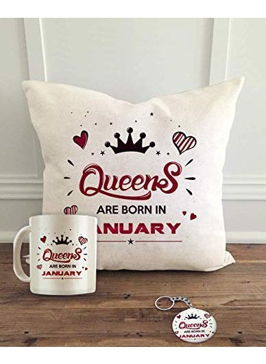 ALDIVO Queens are Born in January Printed Satin Cushion Cover with Filler Mug and Key Ring Combo Gift Pack 12 x 12 White
